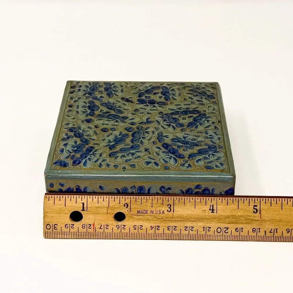 Vintage Kashmiri Papier Mache Lacquer Box 6 Hand Painted Floral Coasters